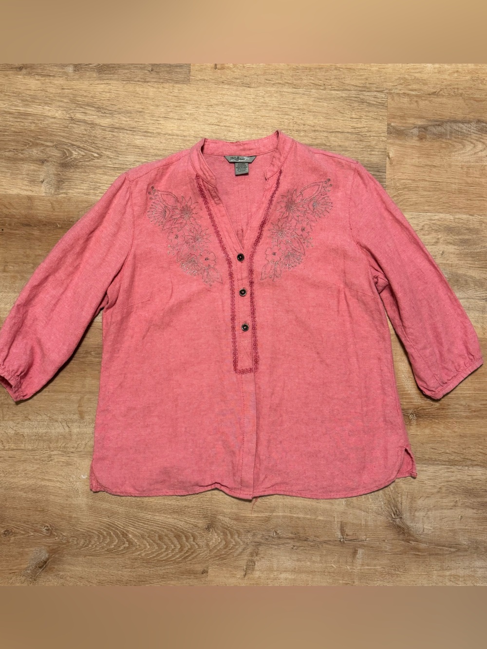Vtg IB Diffusion Linen Blend Embroidered Henley Top Pink Coastal Grandma L